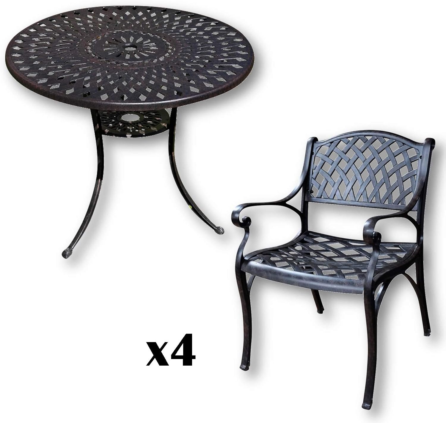 Lazy Susan 88 cm Runder Mia Gartentisch in Antik Bronze mit 4 Kate Stühlen, Ohne Sitzkissen | Nachhaltiges Sandguss-Aluminium | Wetterfest | Rostfrei | Wartungsarm | 3 Jahre Garantie