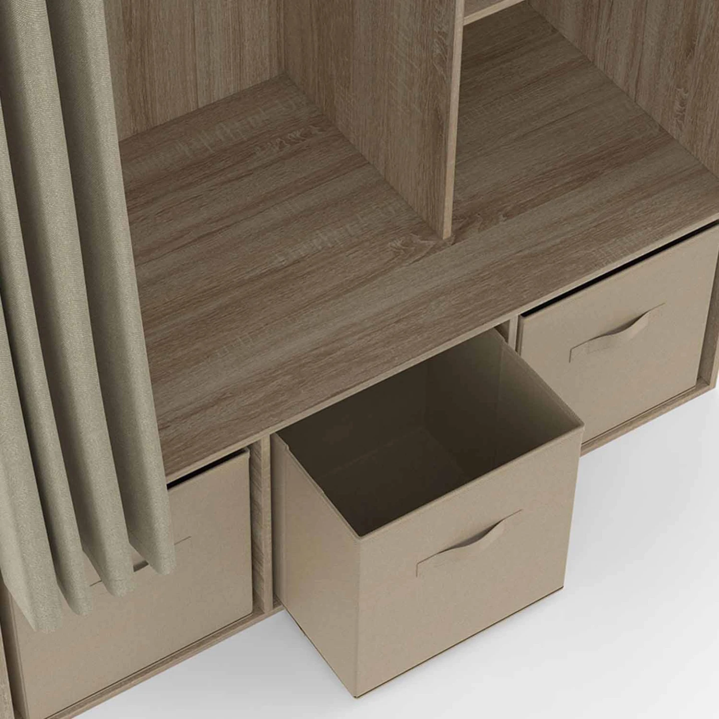 Dressing penderie DIANE 105 x 50 x 172 cm hêtre avec étagères + boites de rangement + rideau taupe