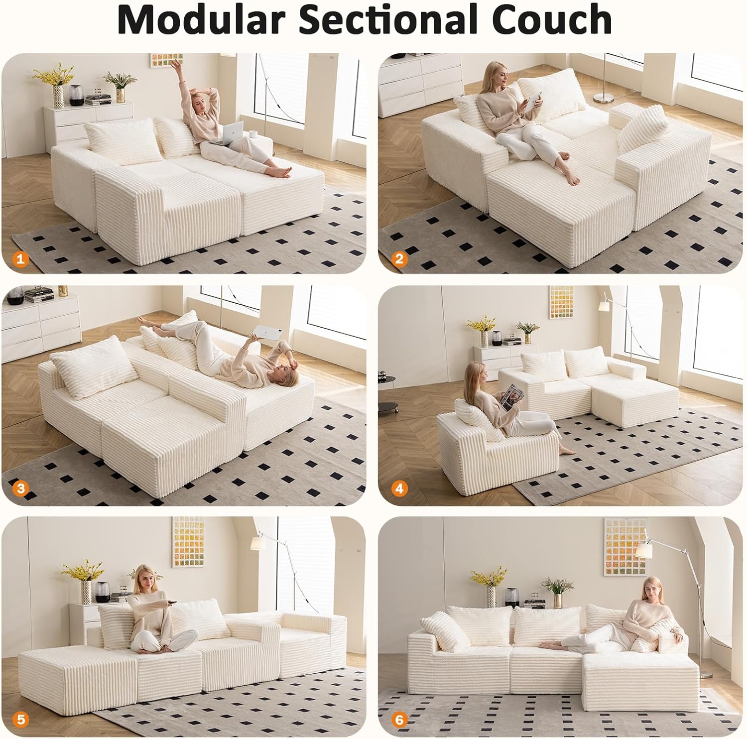 Vamcheer Ecksofa mit Schlaffunktion - Big Sofa Couch 3 Sitzer in L-Form, Modulares Boneless Schlafsofa als Wohnlandschaft, 274 x 102 cm, Beige