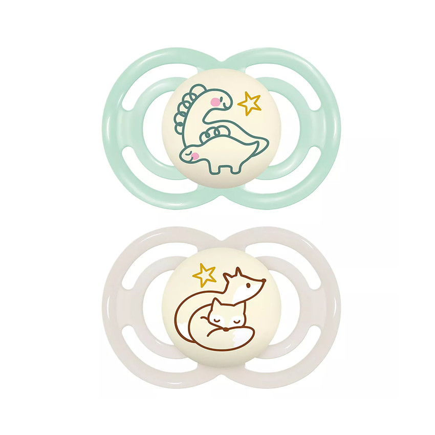 Lot de 2 sucettes silicone Perfect Nuit 6M+ animaux (modèle aléatoire)