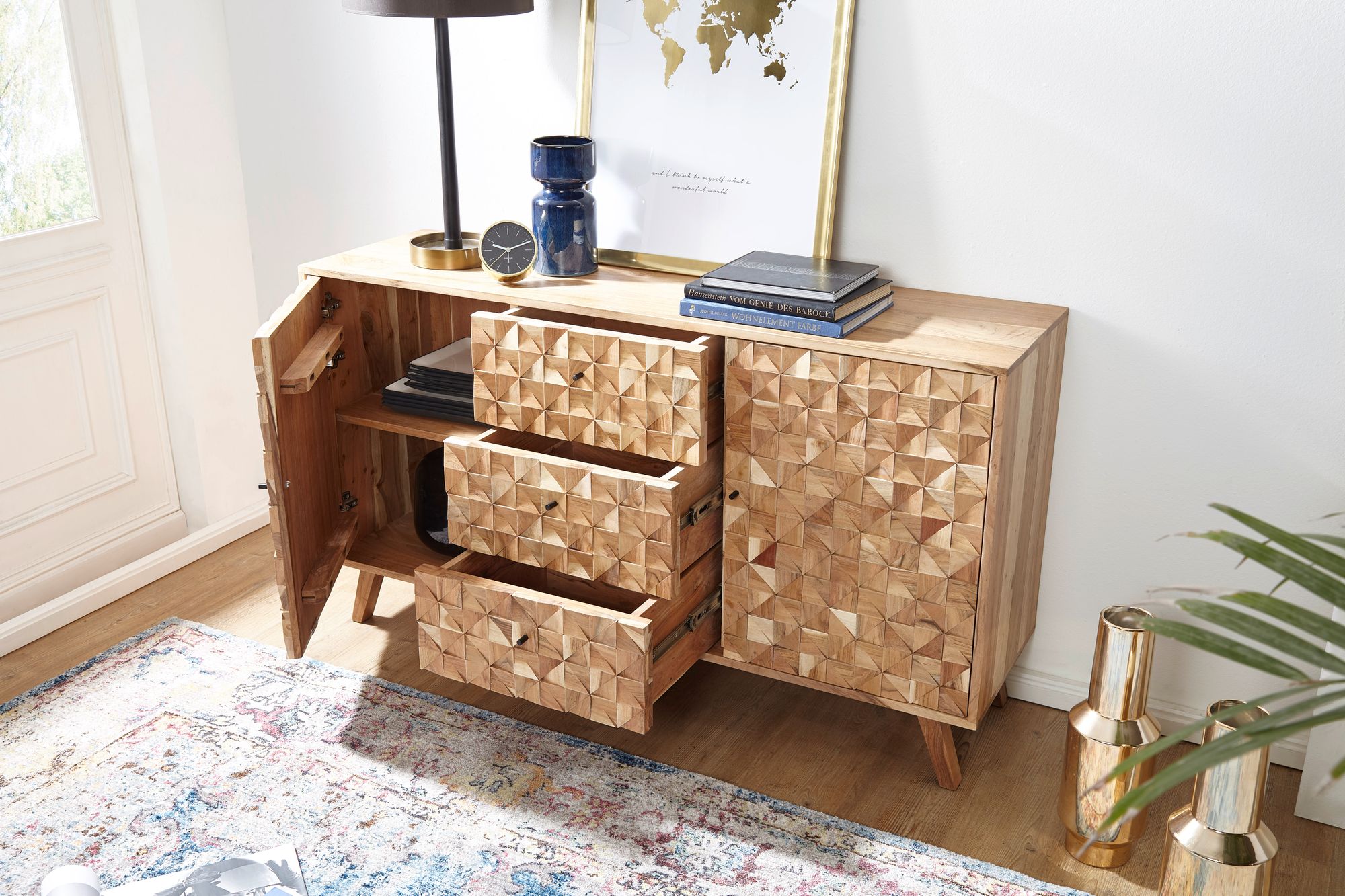 KADIMA DESIGN Sideboard ALME, Massivholz Akazie, 140x78,5x40 cm, Landhaus-Stil, 3 Schubladen & 2 Türen