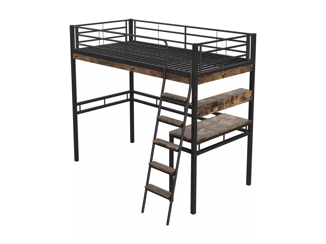 Lit mezzanine 90x200cm - avec bureau + étagères + barrières - Noir