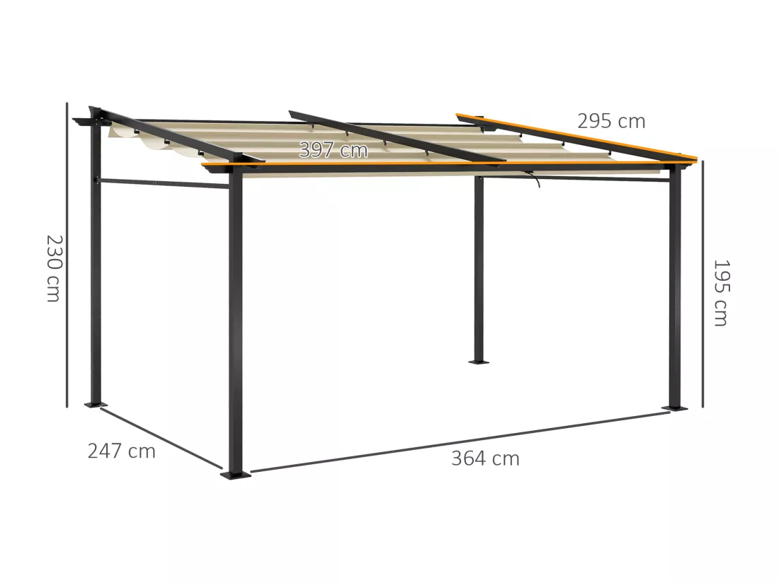 Pergola rétractable 3,97L x 2,95l x 2,3H m structure alu. acier époxy polyester beige