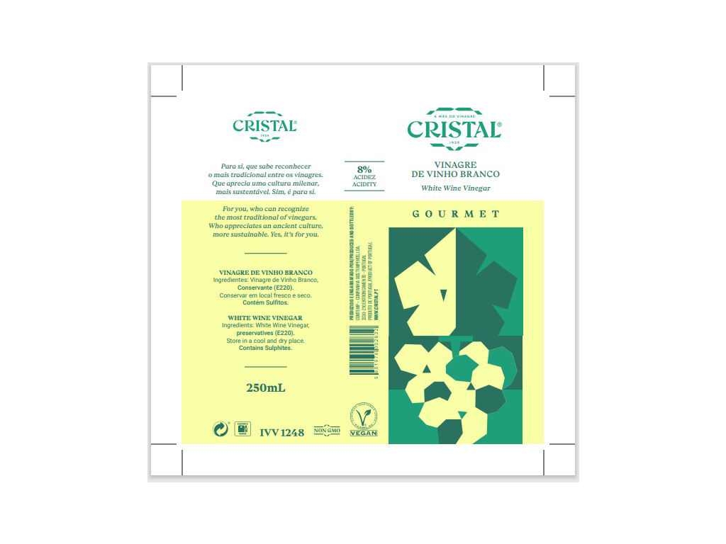 VINAGRE VINHO BRANCO CRISTAL 8% ACIDEZ 250ML