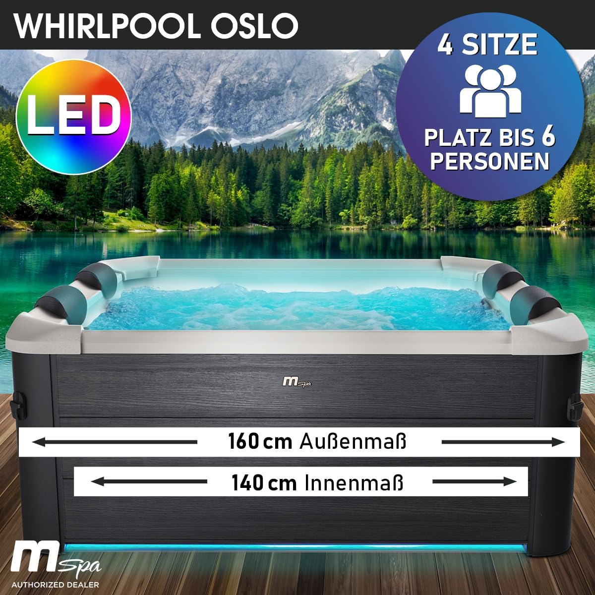 BRAST Whirlpool MSpa Frame - Oslo Sapphire & Amber mit Fester Außenwand | 160x160x65cm - 180x180x65cm | 5 Modelle | LED-Beleuchtung | 6 Personen | Ganzjähriger Einsatz Winterfest | Oslo