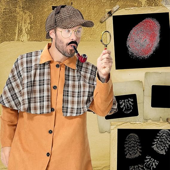 (8-tlg. Set) Detektiv Agent Fasnacht Erwachsenen Kostüm Zubehör für Motto Partys / Halloween mit Brille / Hut - Braun / Gold