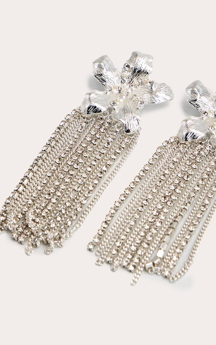 Argenté Boucles D'oreilles Pendantes Ornées De Fleurs Et Strass