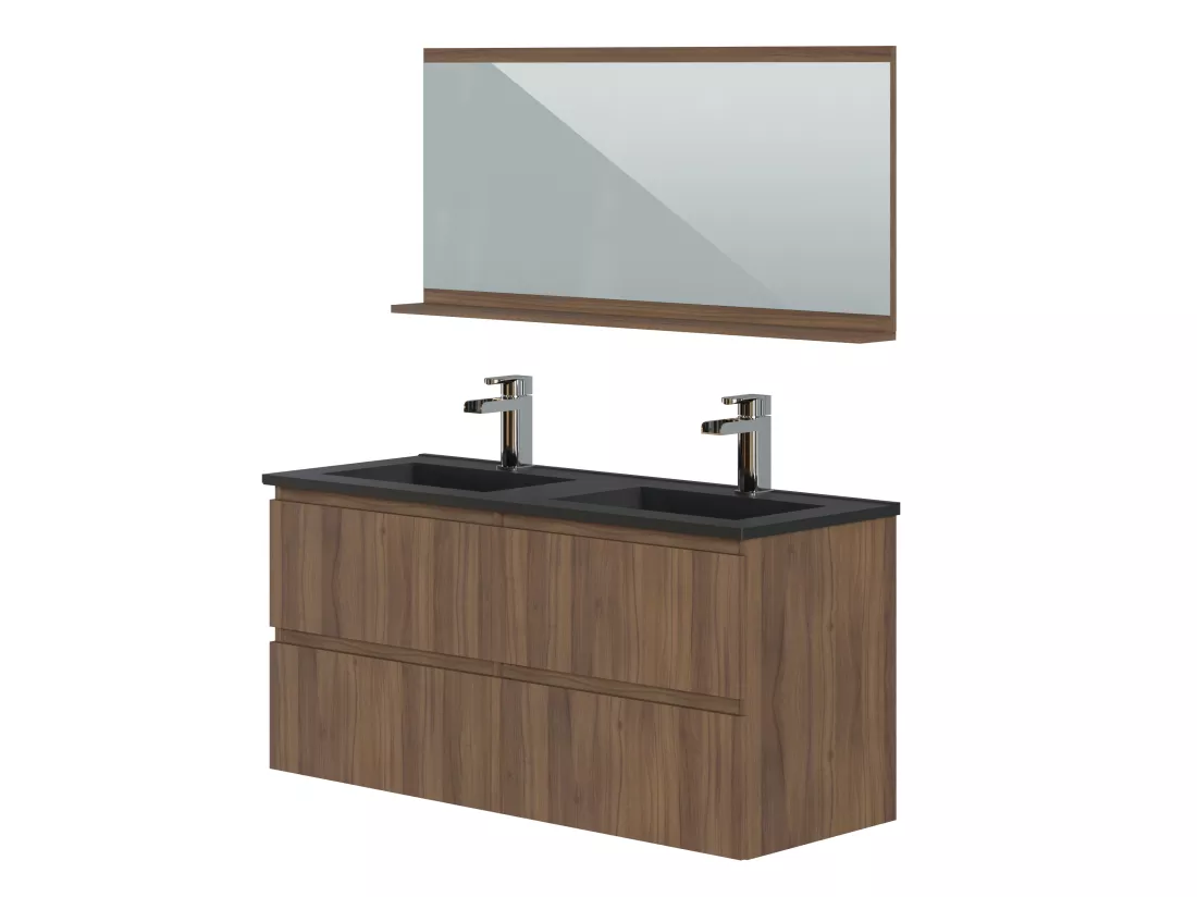 Meuble de Salle de Bains coloris noyer et noir - Longueur 122 x Profondeur 46 x Hauteur 58,5 cm