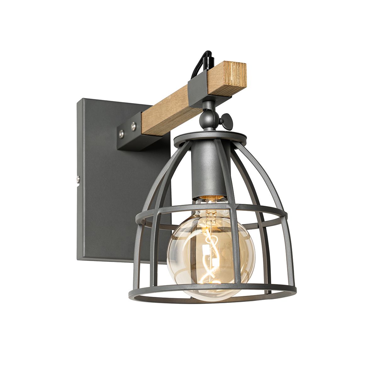 Industriële wandlamp donkergrijs met hout verstelbaar - Arthur