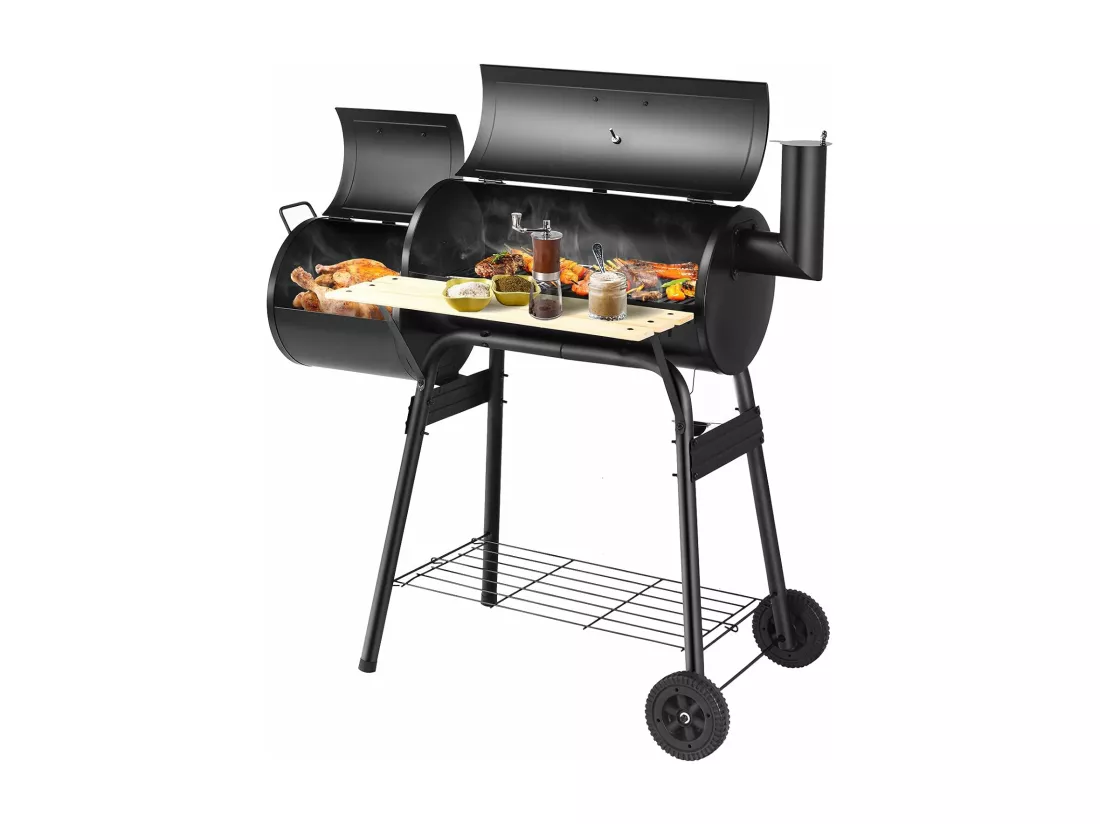 Barbecue à Charbon en Bois avec Fumoir Déporté, Barbecue Portable avec Caisse de Feu Latérale Table Latérale Étagère Poignées en Bois et 2 Roues pour CamBoisg Pique-Nique