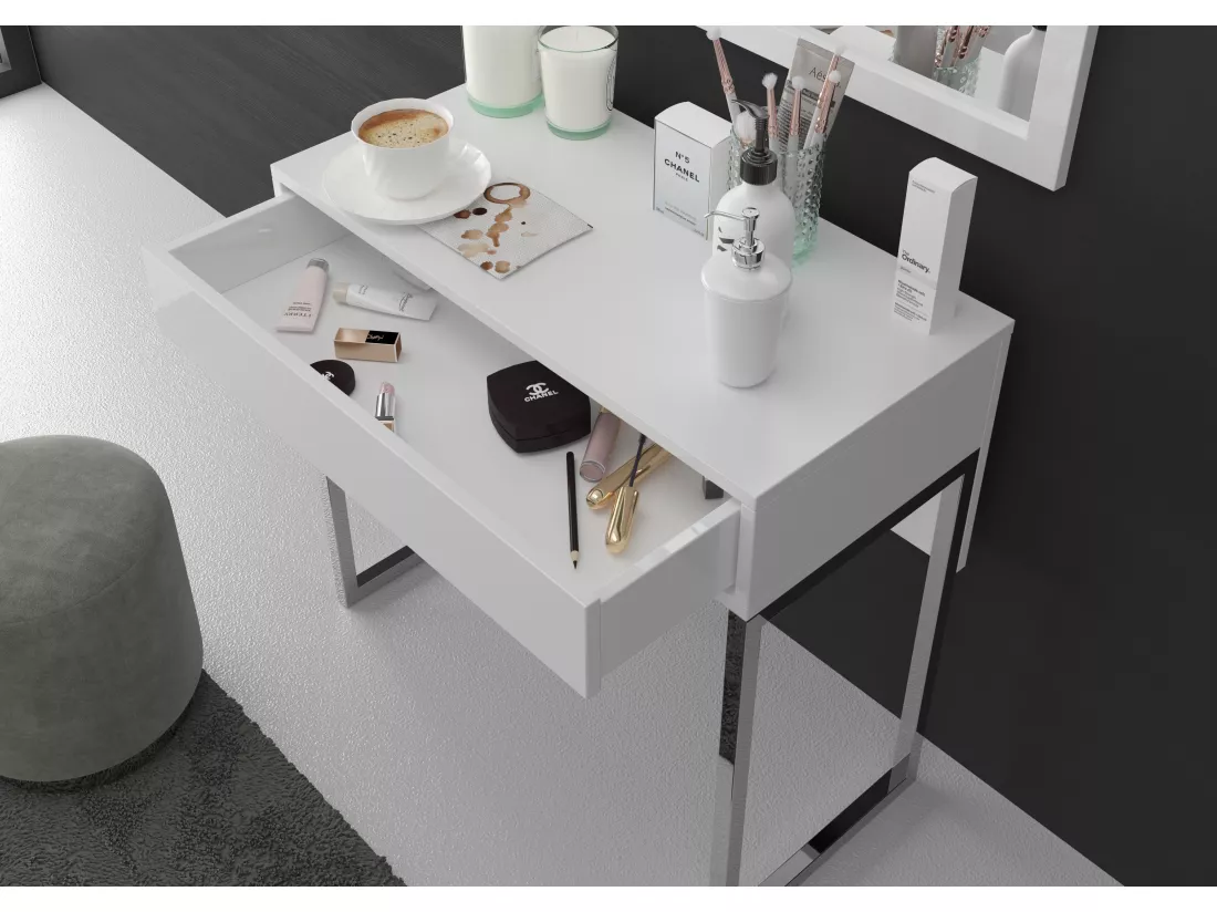 Coiffeuse EVA moderne blanche avec pieds en métal argenté / 80 cm