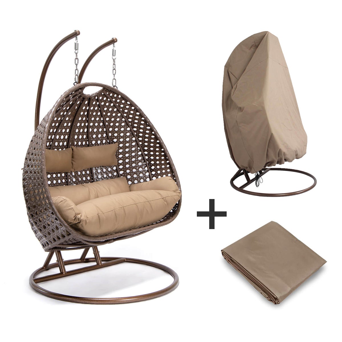 Home Deluxe - TWIN Hangstoel - Bruin, Hoogte 195 cm - incl. regenhoes, frame, zit- en rugkussens | Polyrattan hangstoel, tuinschommel, hangmand