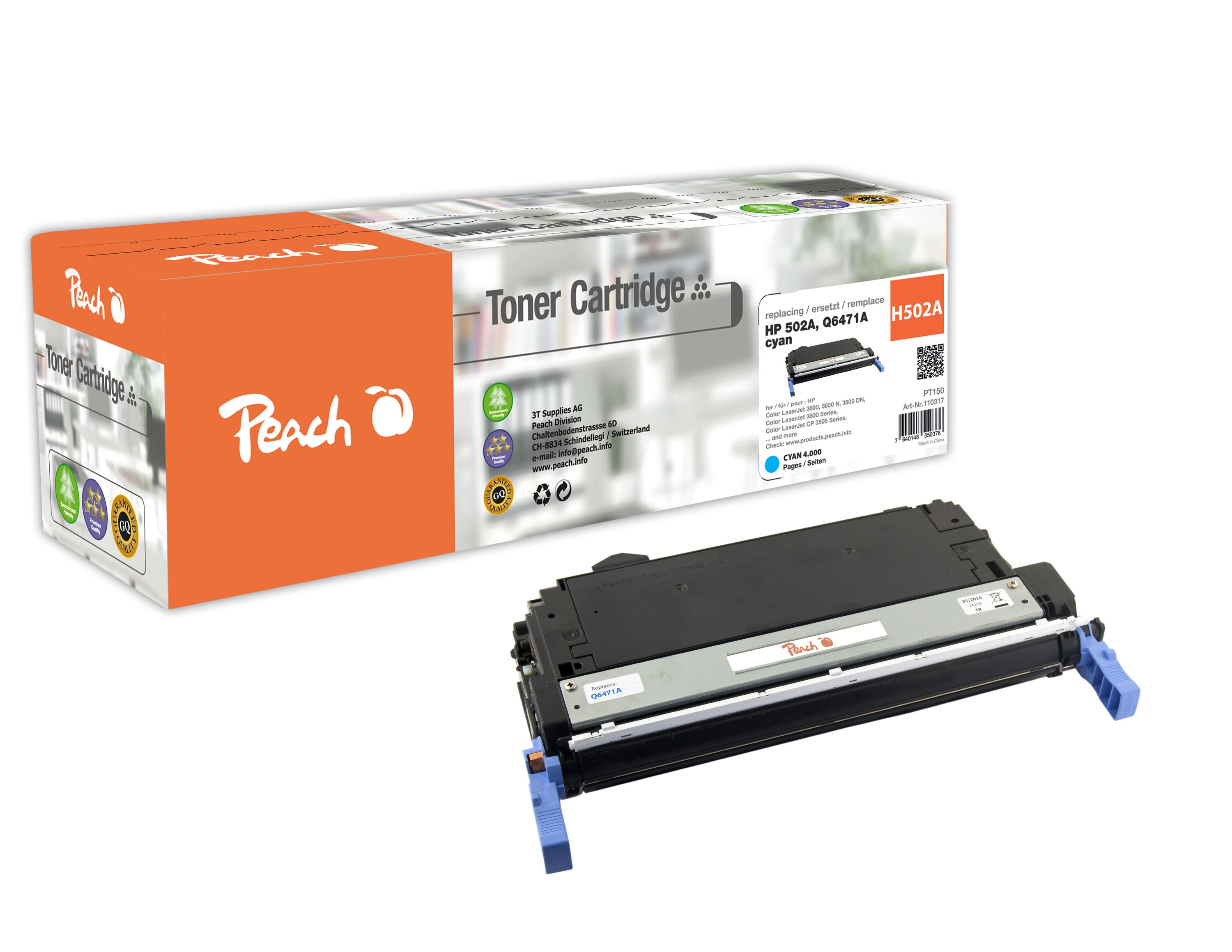 Peach HP 502 AC Toner cy ersetzt HP No. 502A C, Q6471A für z.B. HP Color LaserJet 3600, HP Color LaserJet 3600 DN, HP Color LaserJet 3600 N (wiederaufbereitet)