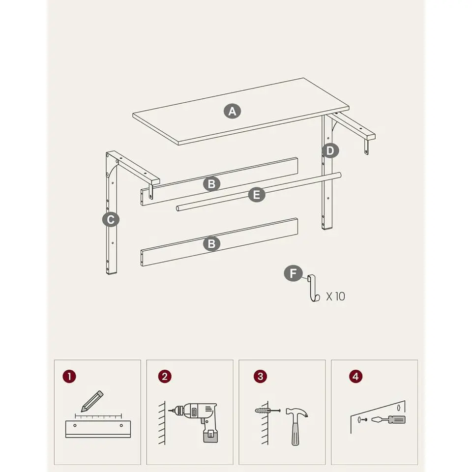 Parya Home Wandkapstok met Plank – wandplank met 10 haken