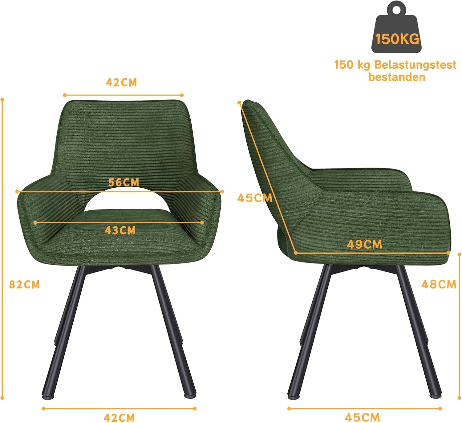 Esszimmerstühle 6er Set Drehbar 360°,Armlehnstuhl mit Metallbeine,geeignet als Stühle Esszimmer,Samt Stuhl,Küchenstühle,Wohnzimmerstuhl,Polsterstuhl mit Samtigem Gefühl,Grün
