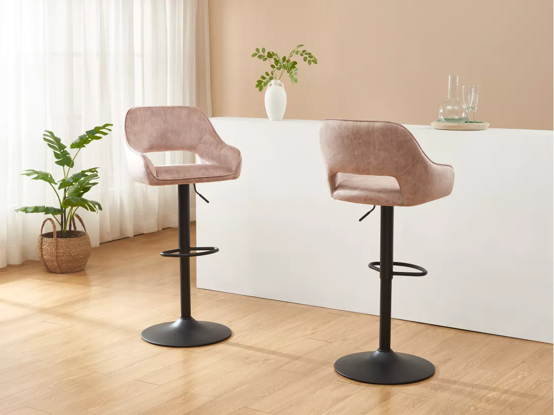 Lot de 2 tabourets de bar en tissu et métal noir - Hauteur réglable - Beige - ZINEA