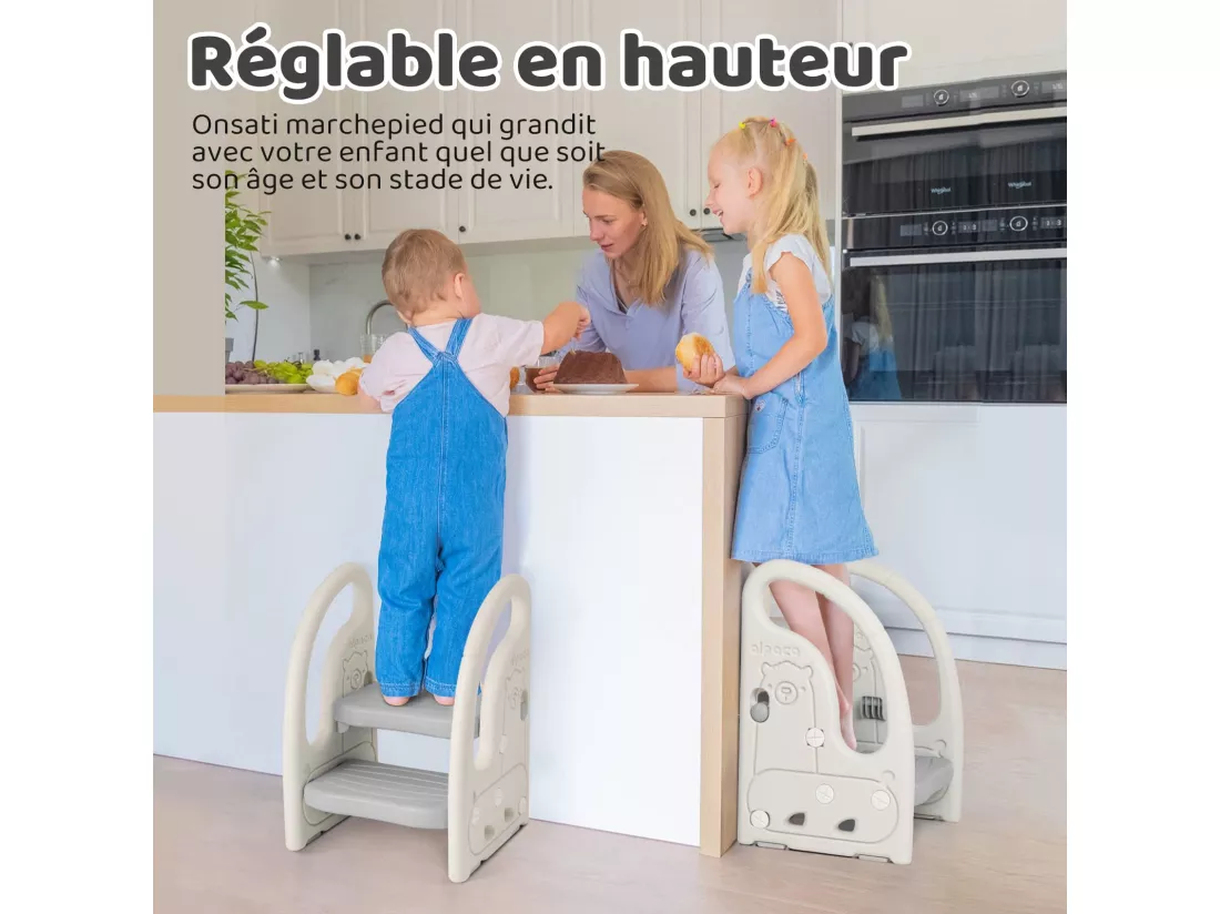 Marchepied pour Enfant Bébé avec 2 Marches Antidérapant, Réglable en Hauteur, Marche Pied Multifonction Stable avec Poignées, De 1.5 à 5 Ans, Gris