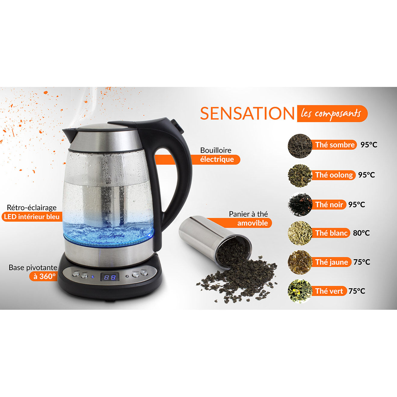 Kitchencook Bouilloire électrique en verre avec LED multicolore - 1.7 L