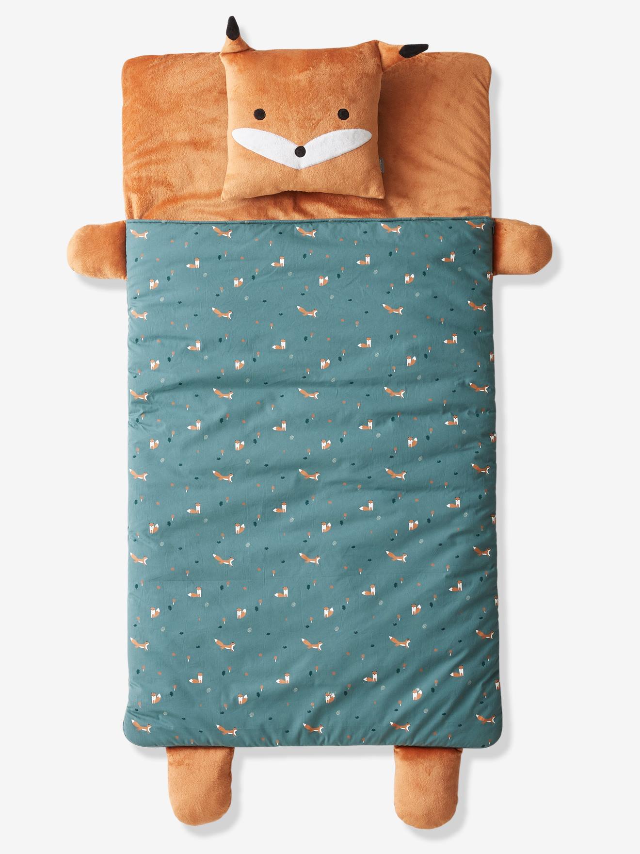 Saco de dormir verde-escuro com estampa de raposa