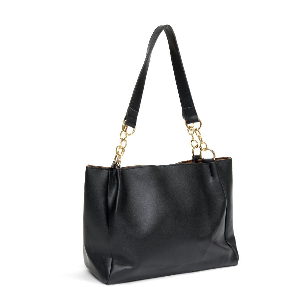 Sac femme fourre-tout simili anse chaîne dorée 33x11xH24cm - 2 modèles noir ou beige