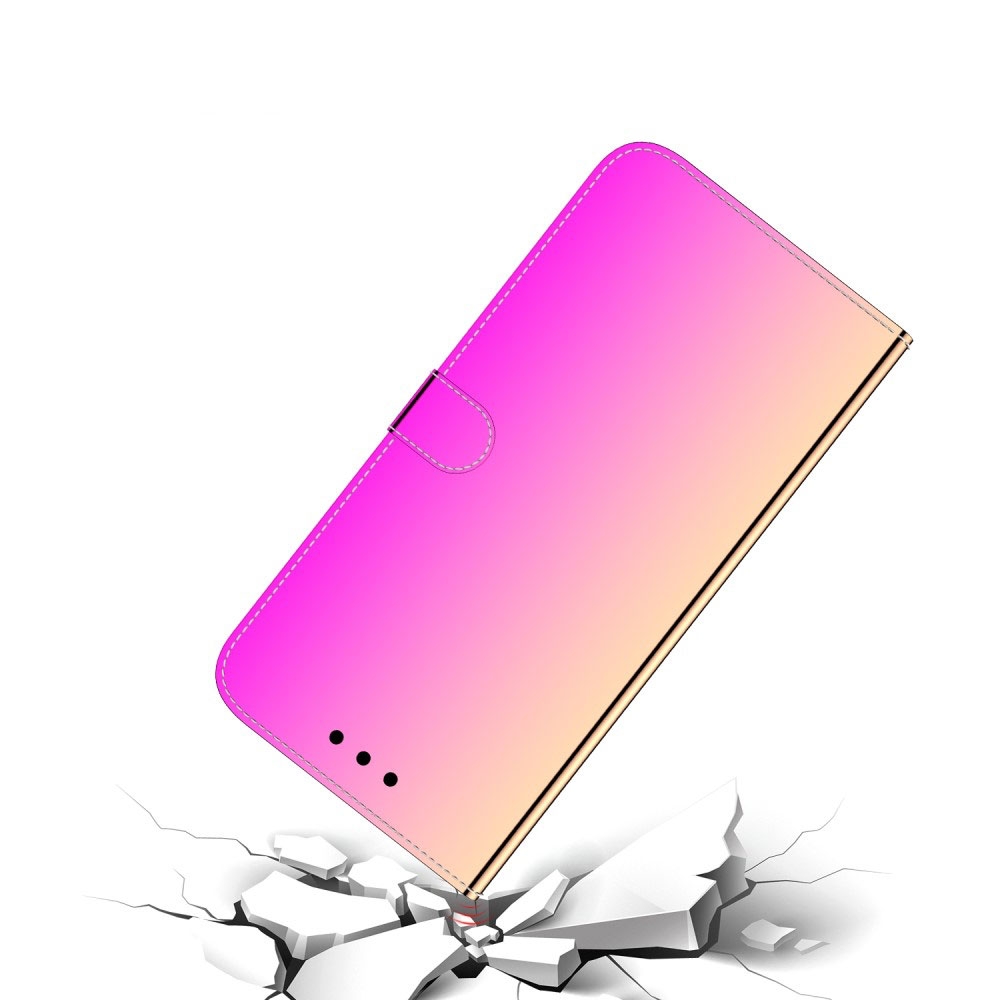 iPhone 12 / iPhone 12 Pro Leder Tasche Flip Cover im Spiegel Design mit Kartenfach   Handschlaufe - Regenbogen Rosa