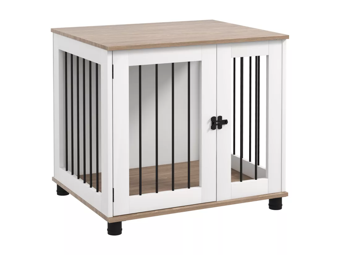 Cage pour chien animaux sur pied - porte verrouillable - acier noir panneaux blanc chêne clair