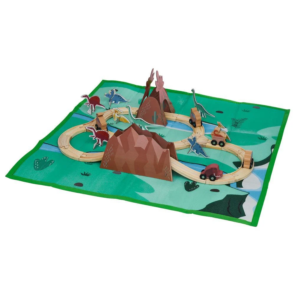 Circuit train Dinosaure en bois avec tapis
