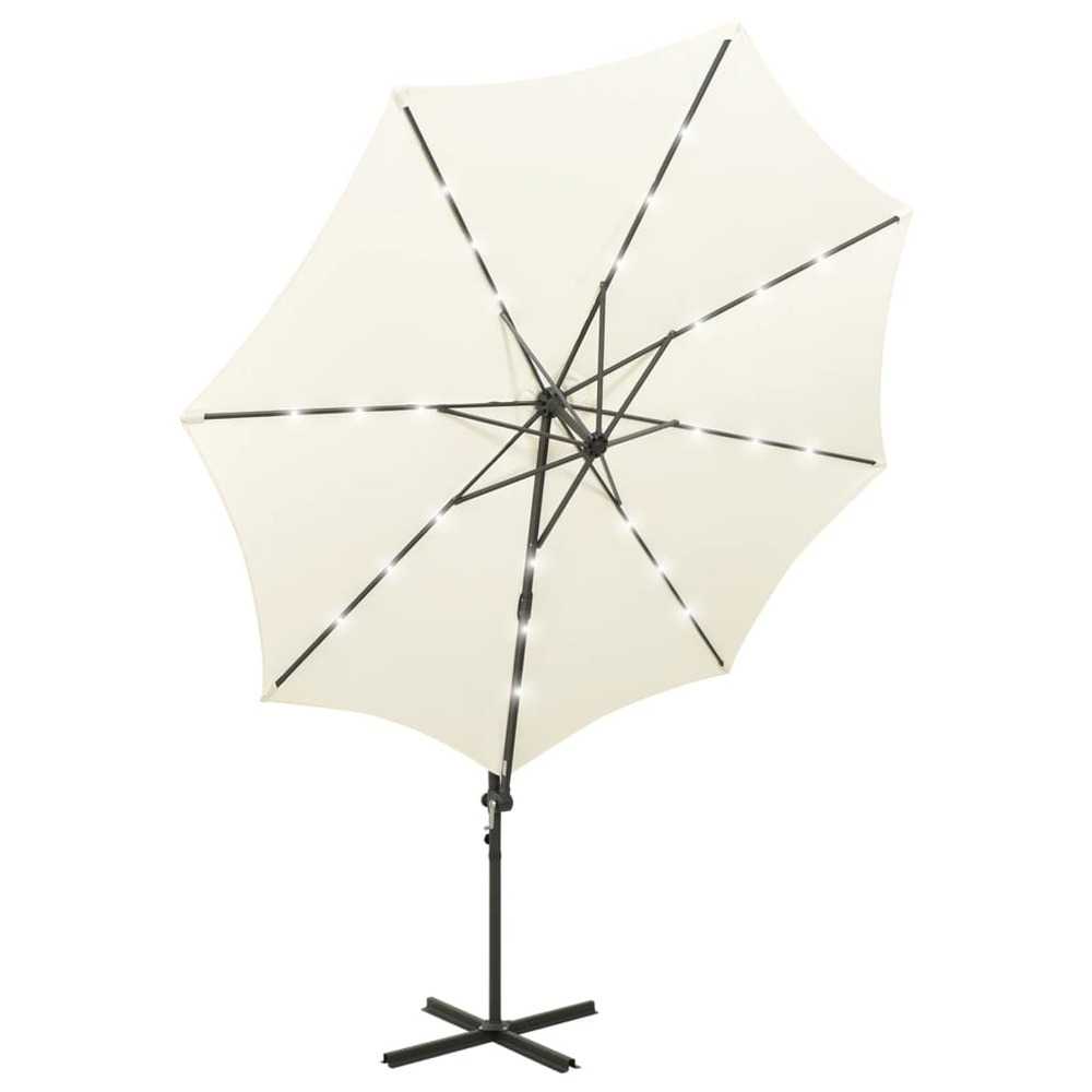Parasol meuble de jardin déporté avec mât et lumières led sable 300 cm