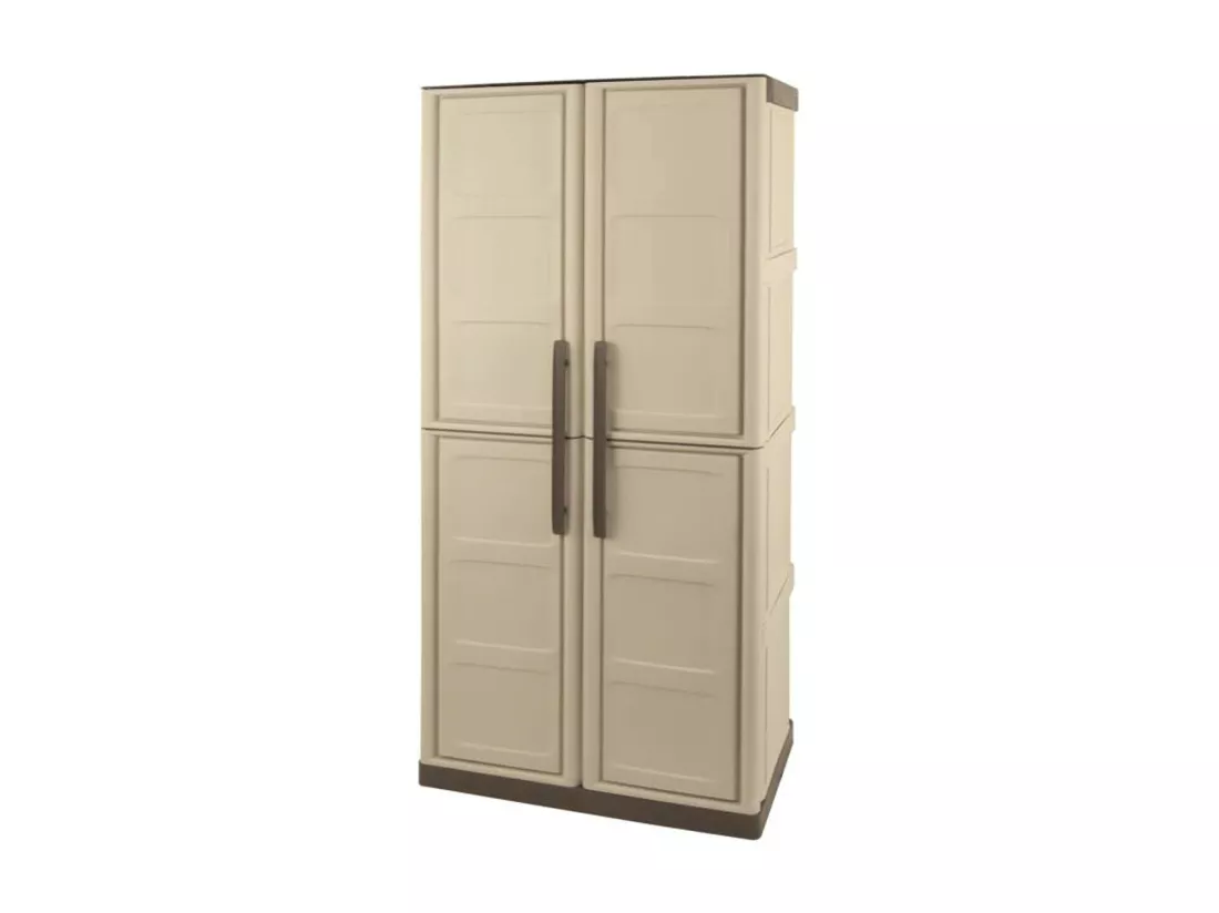 Armoire d'extérieur Avelgem, Armoire de balcon polyvalente, armoire à balais 2 portes, 100% Made in Italy, 70x47h178 cm, Beige et Marron, Finition damier