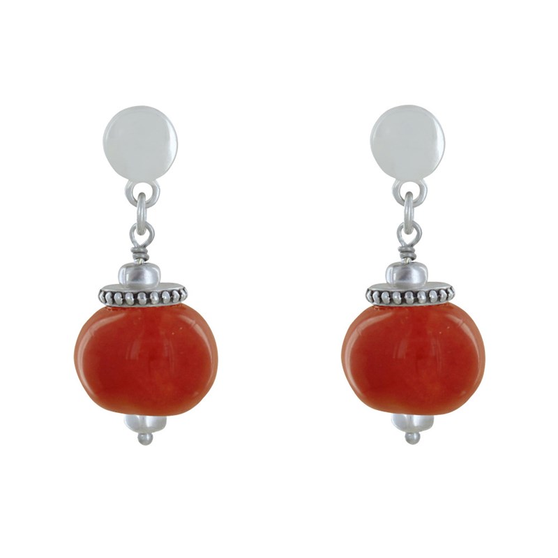 Boucles d'Oreilles Clous Métal Argenté et Grosses Perles en Céramique