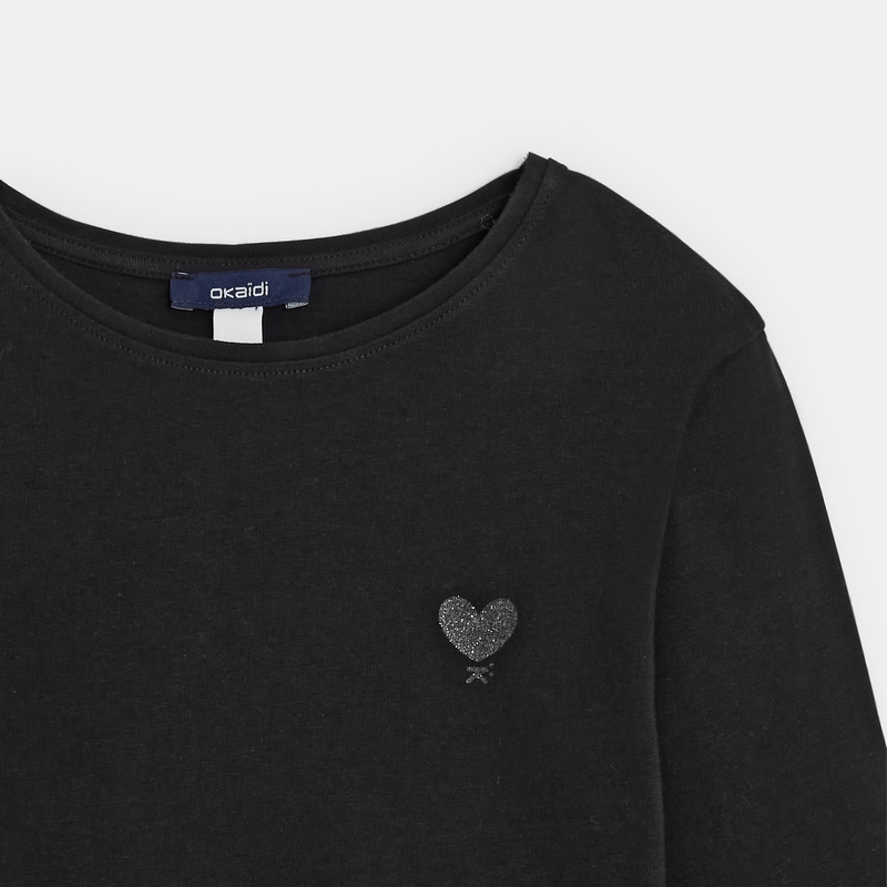T-shirt basique motif cœur noir fille