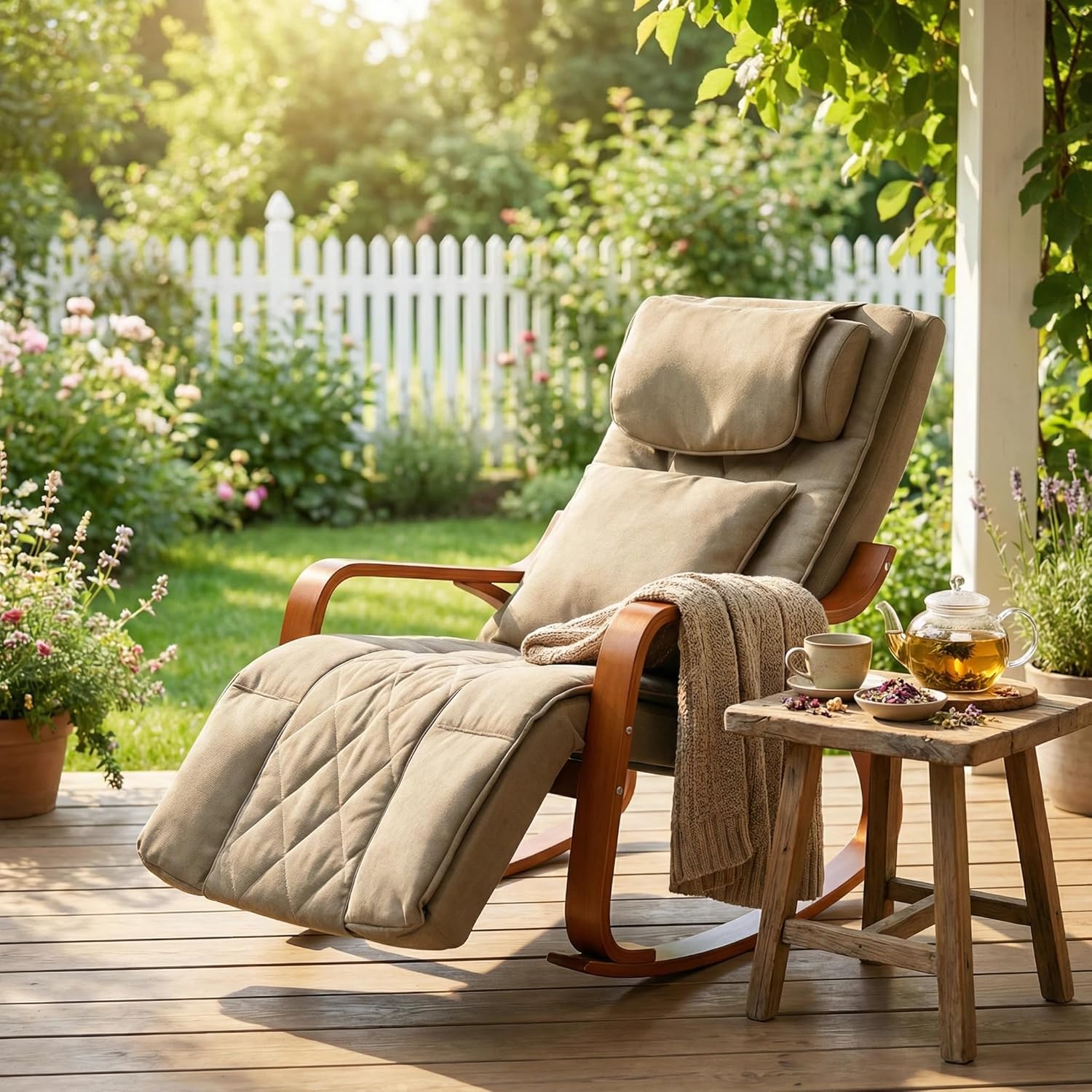 Massage Schaukelstuhl, Relaxsessel, Fernsehsessel mit 3 Zonen Massage, Massagesessel mit Waermefunktion verstellbare Kopfstuetzte und Fußstütze, Bezug abnehmbar 150kg belastbar, Beige