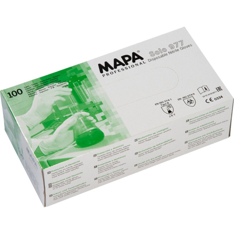 Gants jetables de protection chimique Mapa Solo 977, nitrile non poudré, vert - Boîte de 100 gants