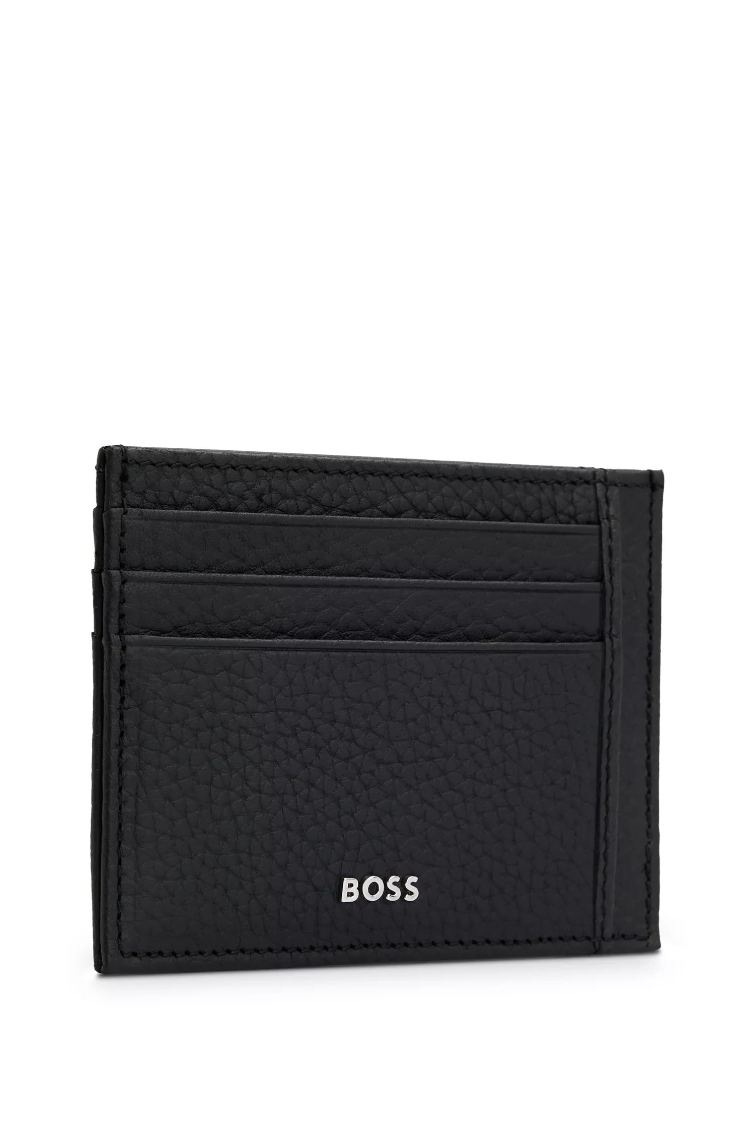 Porta-cartões BOSS em couro italiano preto com logotipo impresso.