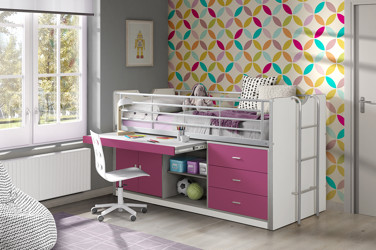 Funktions-Hochbett BONNY - weiß-pink - mit Schreibtischschublade - 90x200 cm