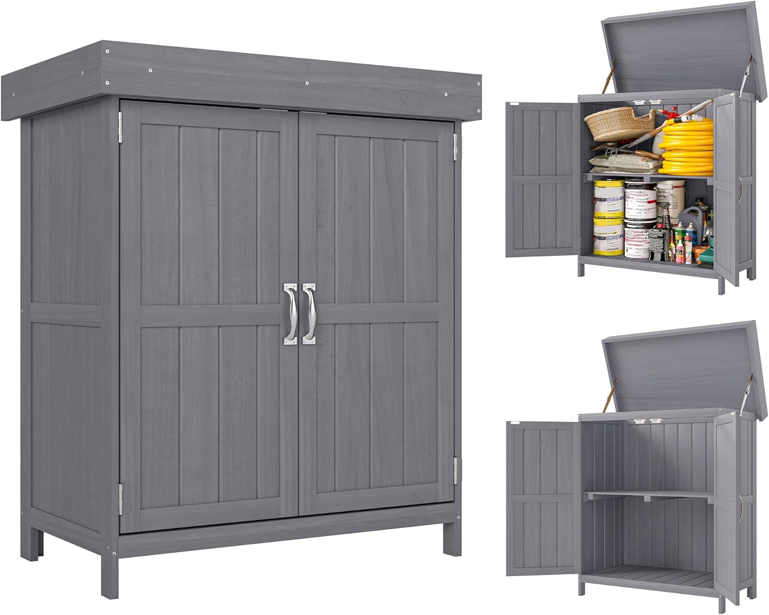 Outsunny Gartenschrank Tannenholz, Geräteschuppen wetterfest 74x43x88cm, Gerätehaus mit Doppeltür, 2 Fächern, Geräteschrank, Gartenhaus Werkzeugschrank Gartenschuppen für Garten, Terrasse, Dunkelgrau