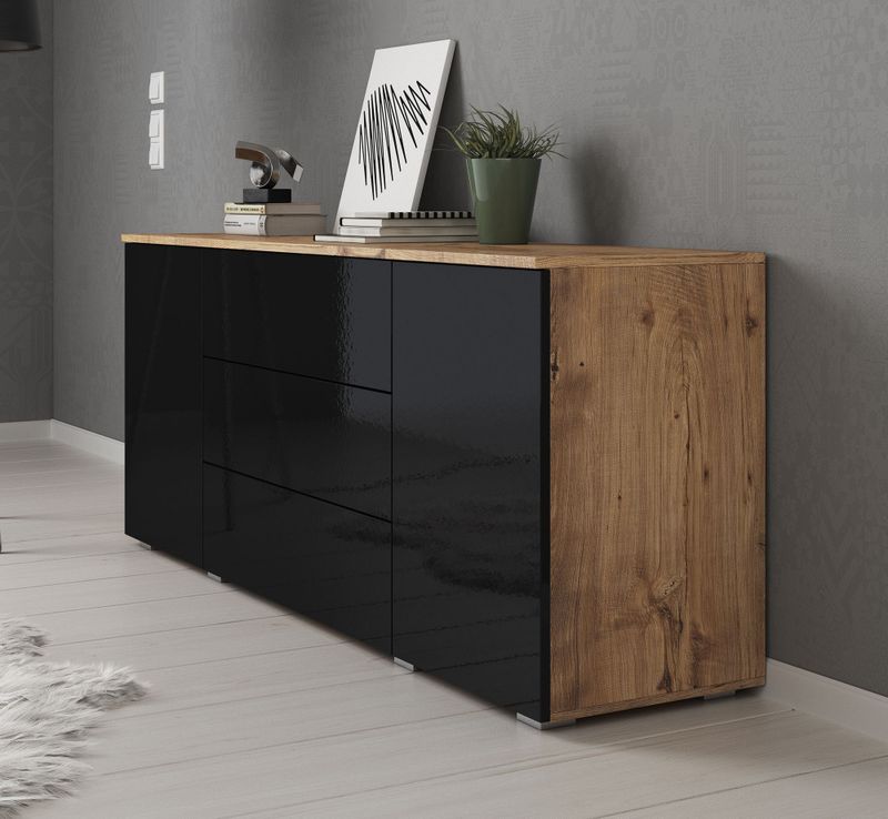 Meubella - Dressoir Pure - Zwart - Eiken - 2 Deuren - 3 Lades
