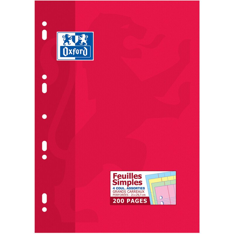 Feuilles simples Oxford A4 grands carreaux Seyès 200 pages étui carte rouge coloris assortis