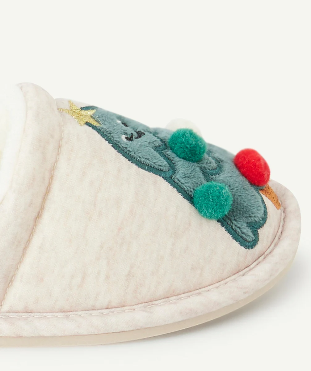 CHAUSSONS ENFANT EN FIBRES RECYCLÉES ÉCRU CHINÉ THÈME SAPIN DE NOËL