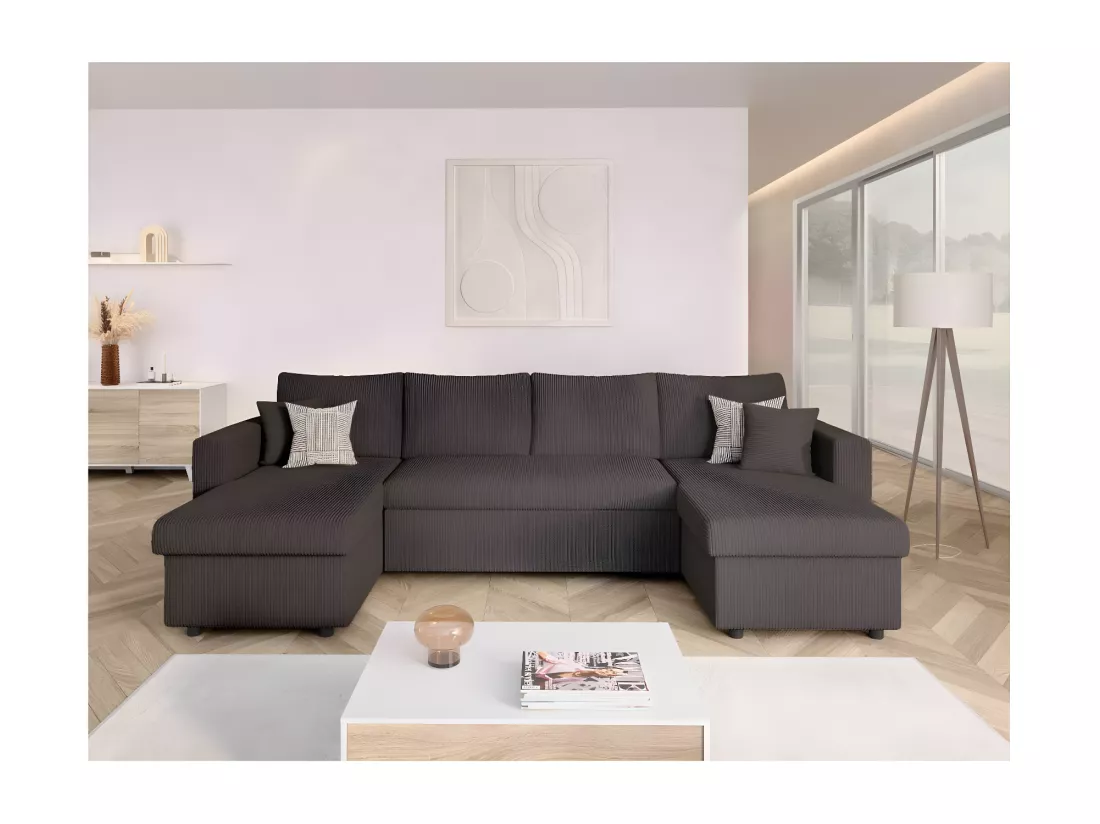 Canapé panoramique 6 places Maria convertible avec 2 coffres en velours côtelé - Gris anthracite - L295 x P146 x H81cm - Loungitude