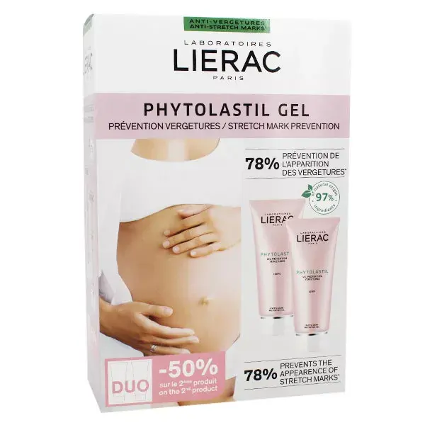 Gel suavizante Lierac Phytolastil para prevenção de estrias, embalagem com 2 x 200ml