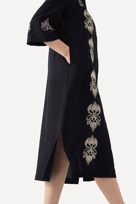 Leinen-Maxikleid, Stickerei, Tunika-Ausschnitt, 3/4-Arm