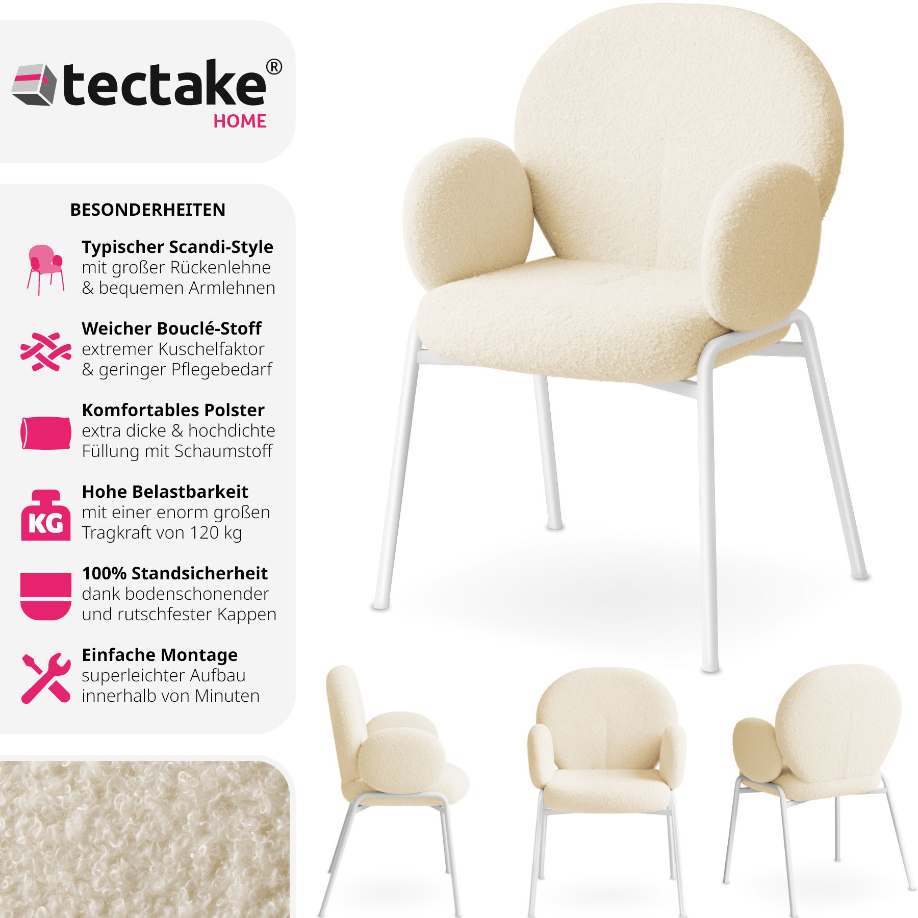 tectake® Stuhl, gepolstert mit Bouclé-Bezug, runde Stahlbeine, Belastbarkeit 120 kg, 61,5 x 62 x 90 cm