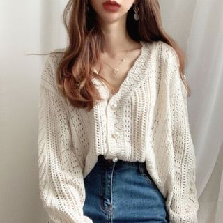 monroll - V-hals pointelle gebreide cardigan
