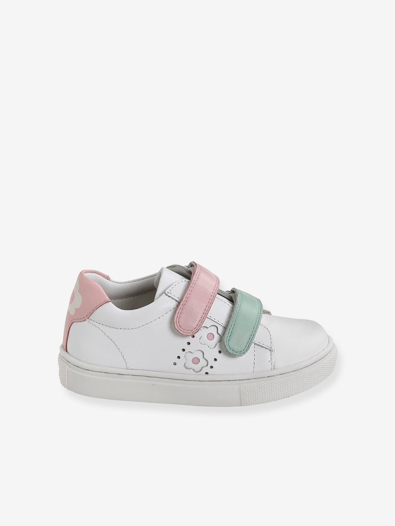 Tênis de couro branco com fecho de velcro para meninas