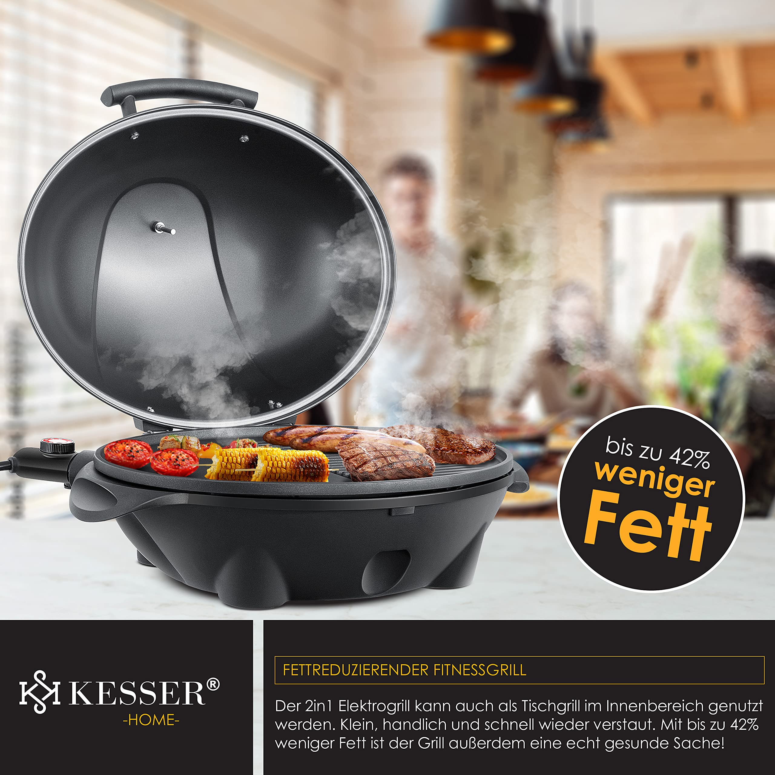 KESSER® Barbecue électrique 2 en 1, sur pied avec couvercle, Thermomètre maximum 2400 W, Revêtement antiadhésif, Plaque de cuisson XXL, Surface de rangement intégrée, Barbecue colonne électrique