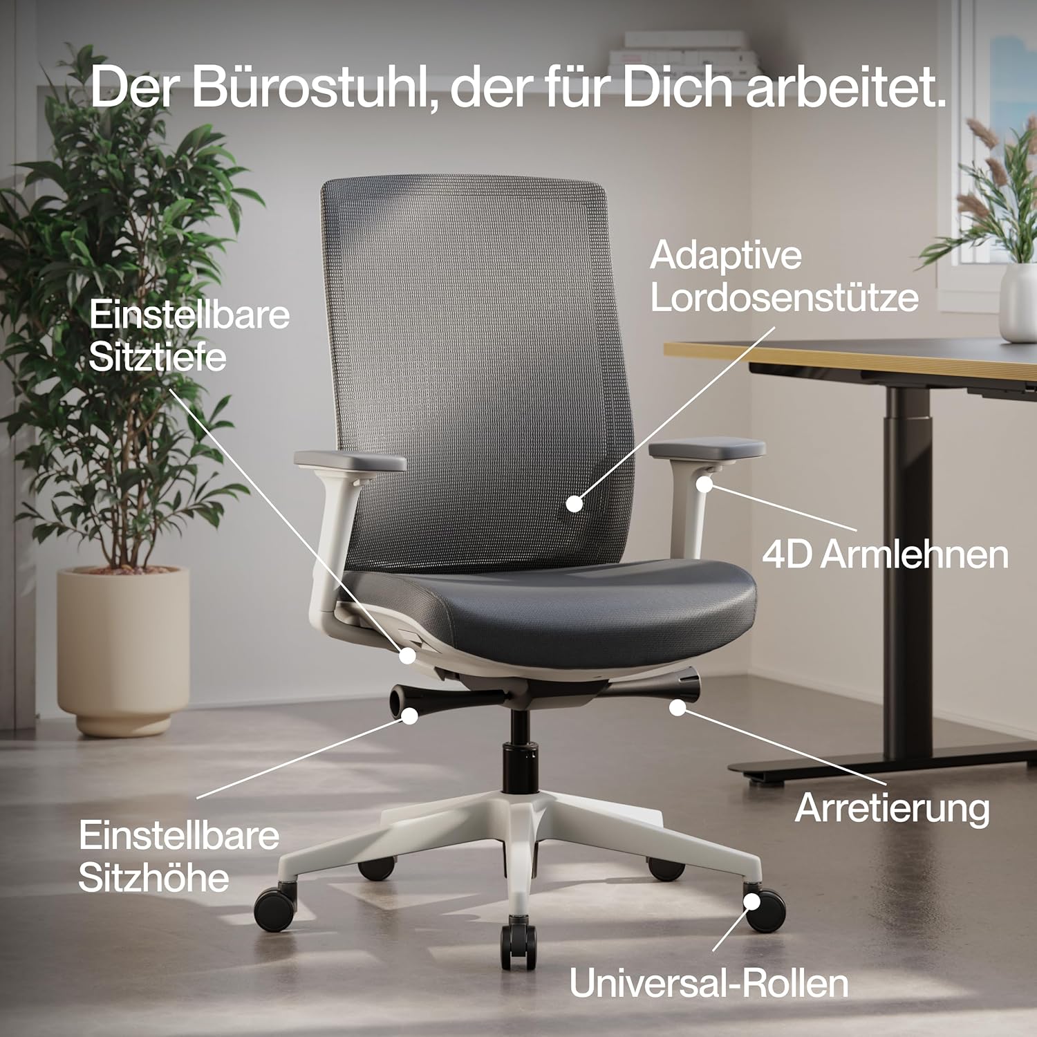 Ergo Bürostuhl Ergonomisch ohne Armlehnen Schwarz | Schreibtischstuhl mit Synchronmechanik, Lordosenstütze & Sitzhöhenverstellung | Bequemer Office Chair, PC & Büro Stuhl | Flexibler Drehstuhl