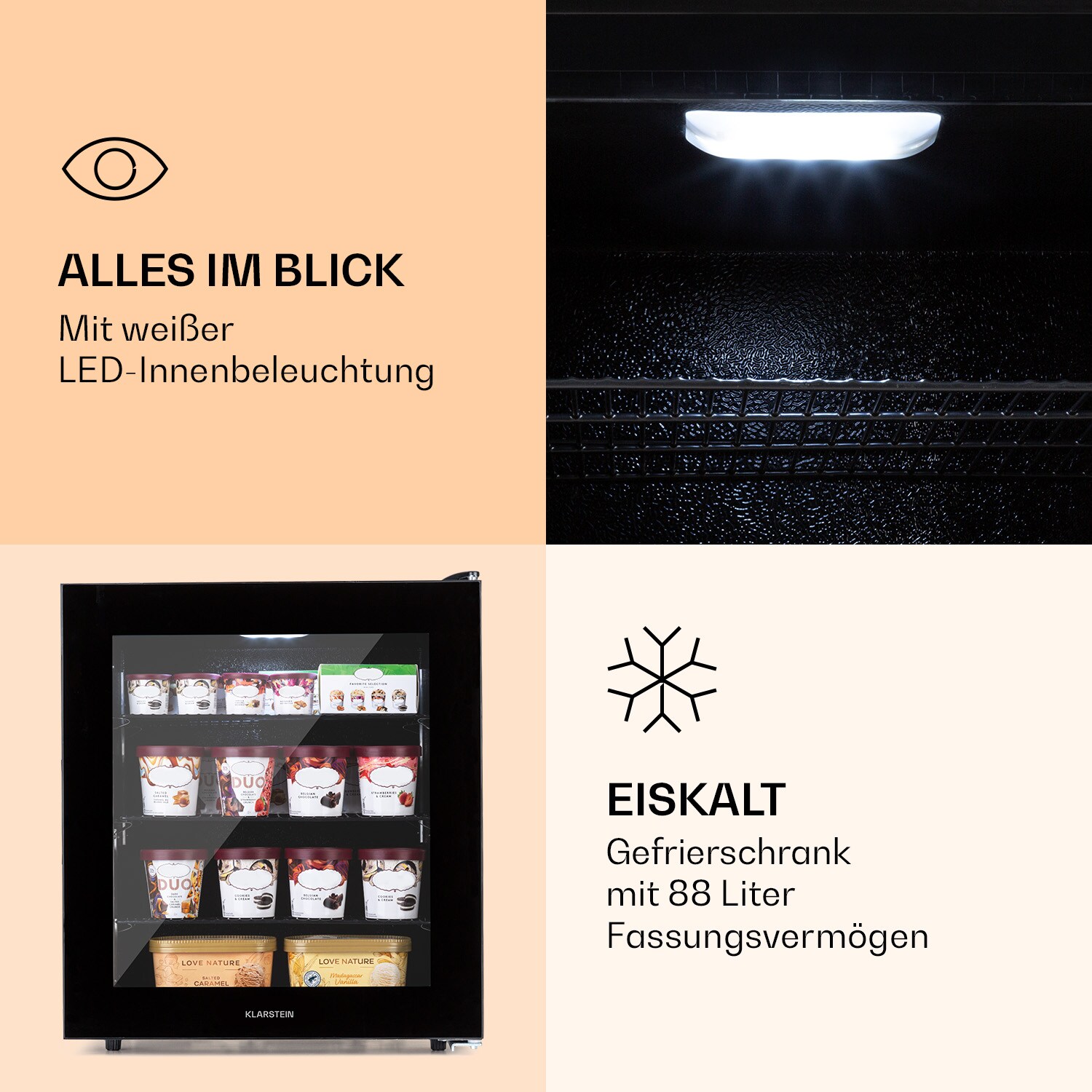 IceAge 88 Gefrierschrank 88 Liter EEK E 3 Etagen Thermostat Glasfront