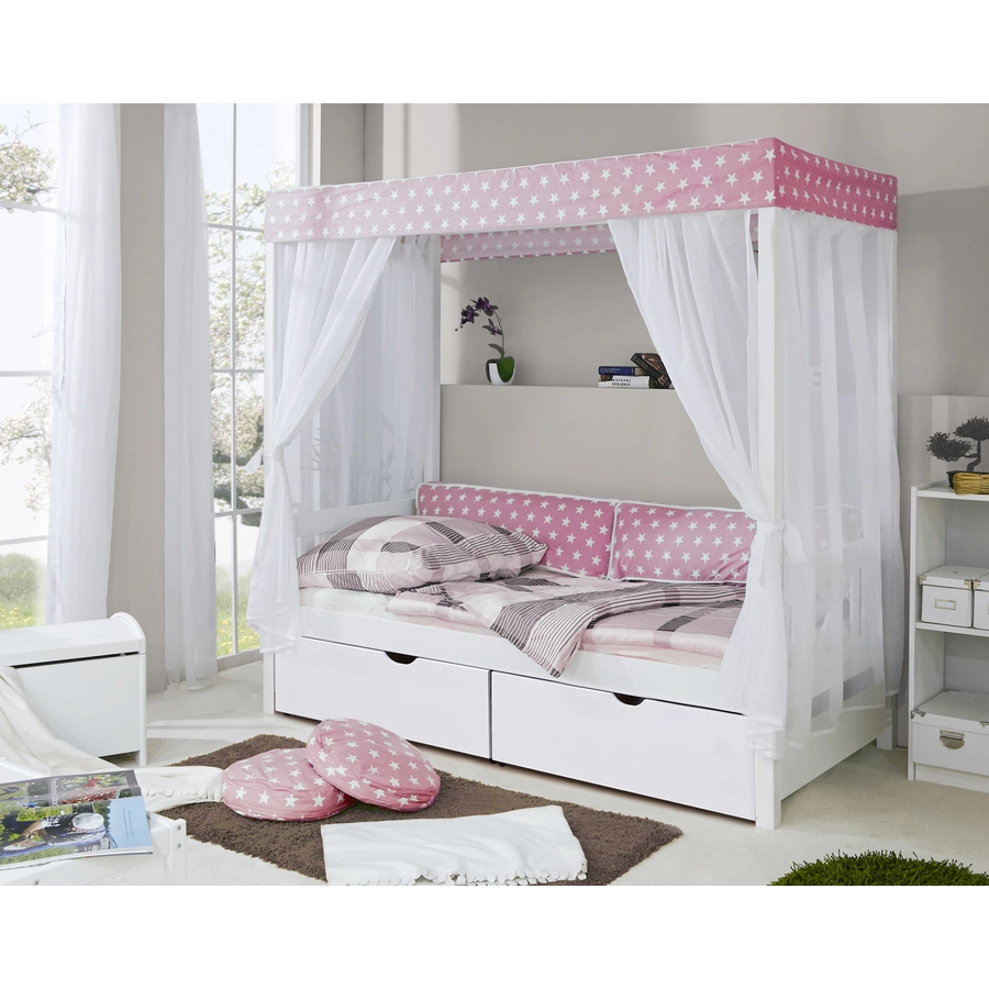 TiCAA Himmelbett Rosa mit 2 Schubladen