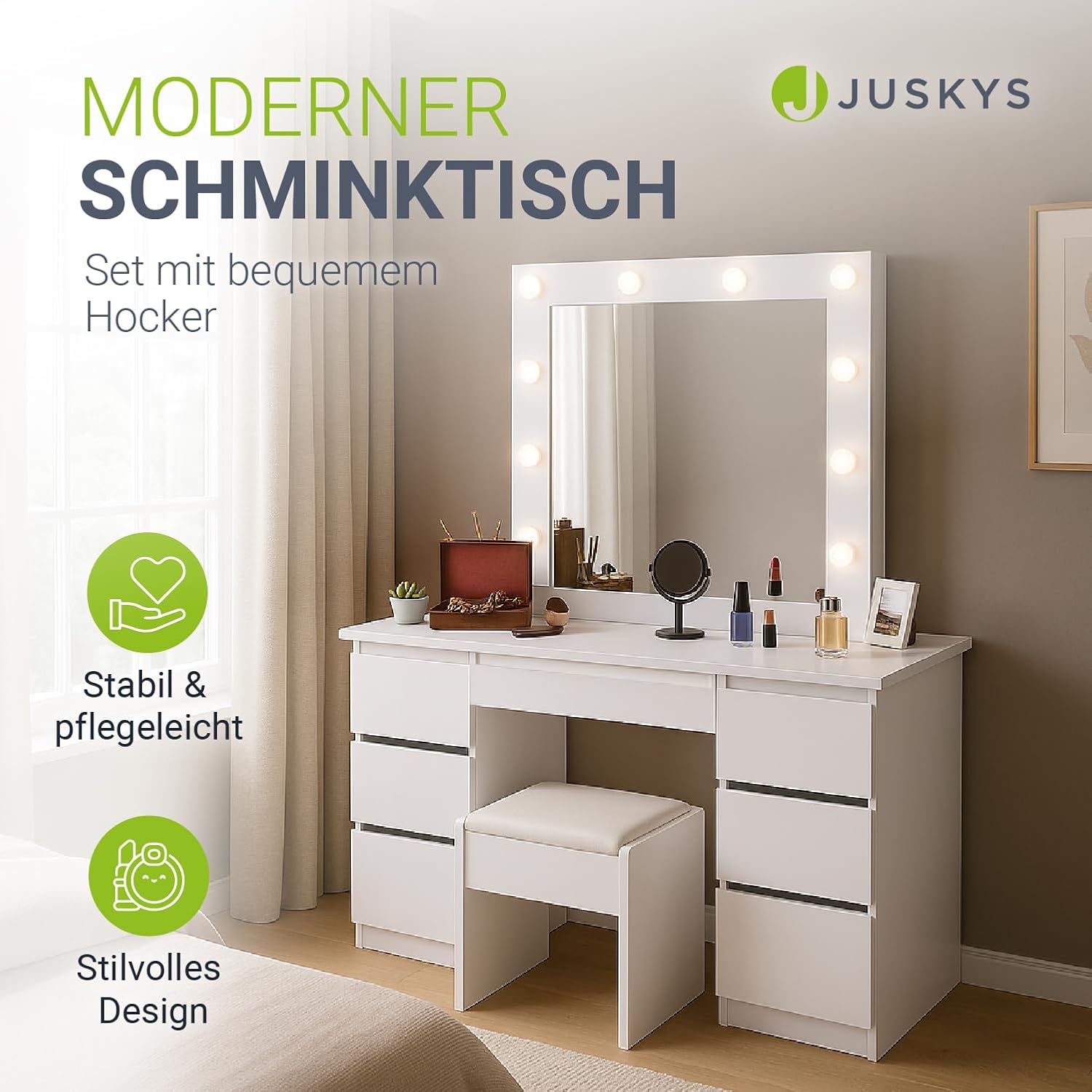 Juskys Schminktisch Talea mit LED-Spiegel und Hocker Melly, 7 Schubladen, individuelle Lichteinstellung, viel Stauraum, modernes Design, kompakt & pflegeleicht — Weiß